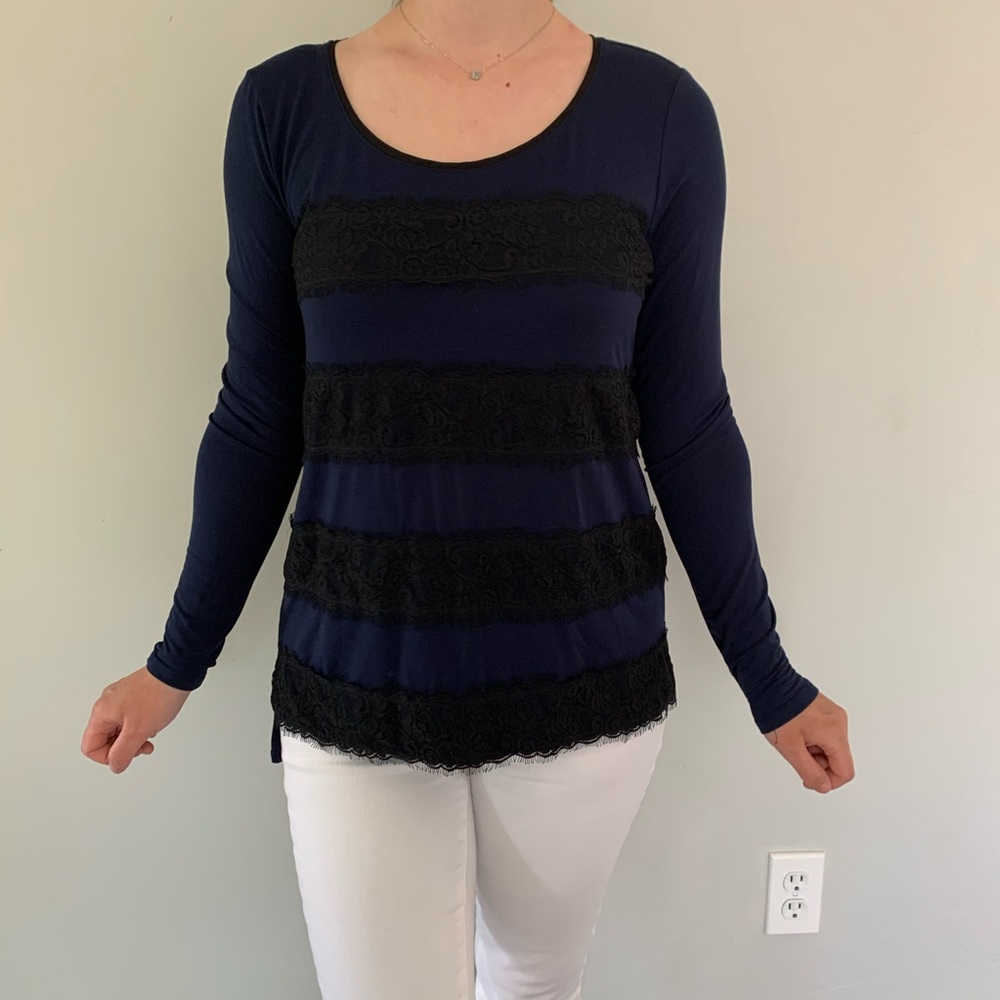 White House Black Market Blue and Black Lace Top